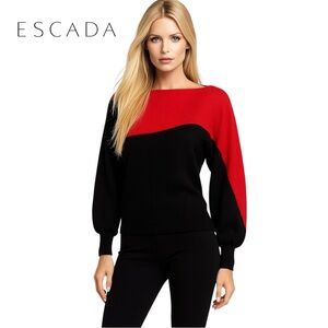 ESCADA Vintage Angora Wool Sweater Red Black Color Block Balloon Sleeve Pullover